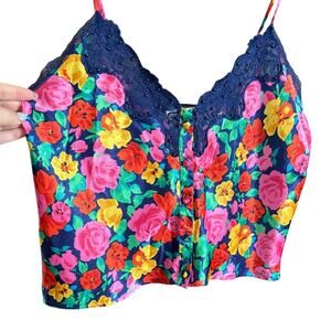 90s Vintage | VICTORIA'S SECRET| Floral Satin Cropped Lace Trim Camisole | Small